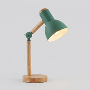 A modern adjustable desk lamp with a matte green metal shade and stem, natural wood joints and base, and a glowing warm light inside the open shade, set against a plain light gray background.