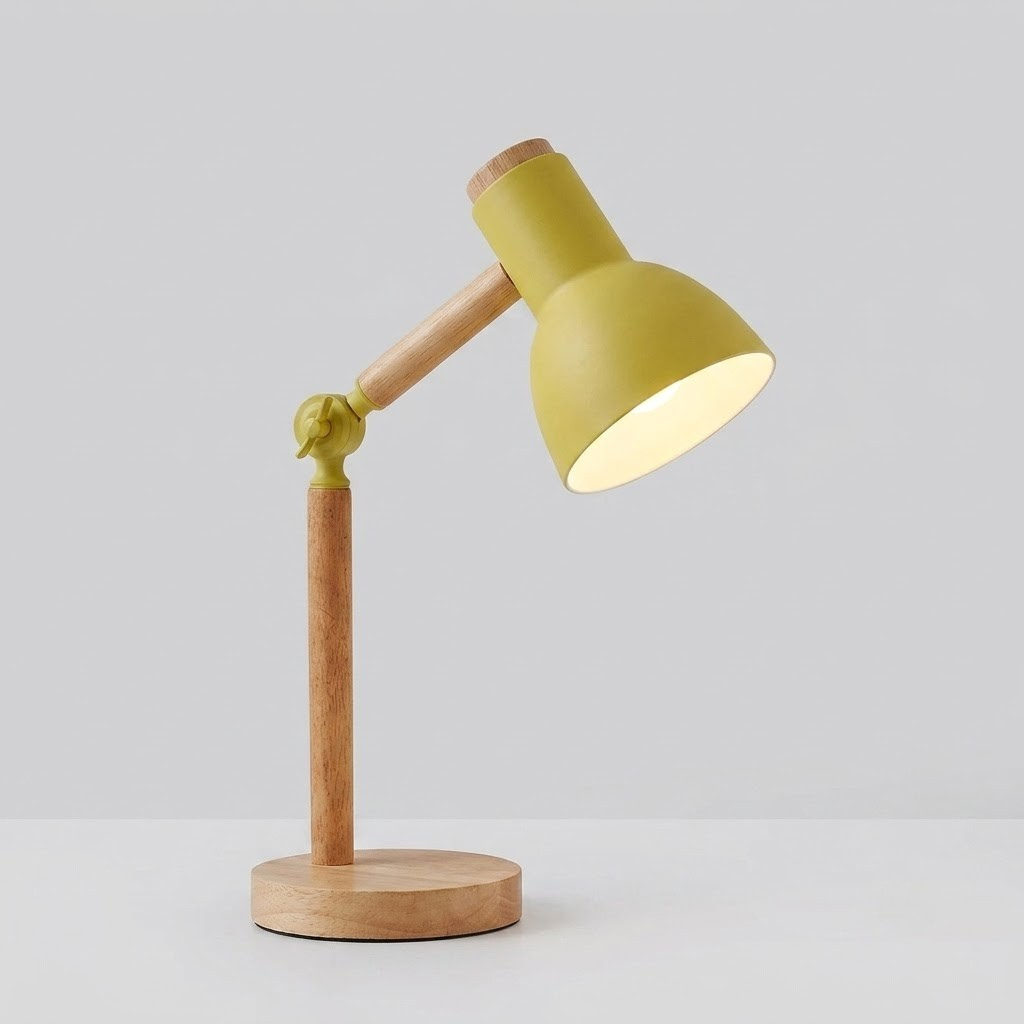 A modern desk lamp with a matte yellow-green shade and a natural wood base and arm, shown lit against a light gray background.