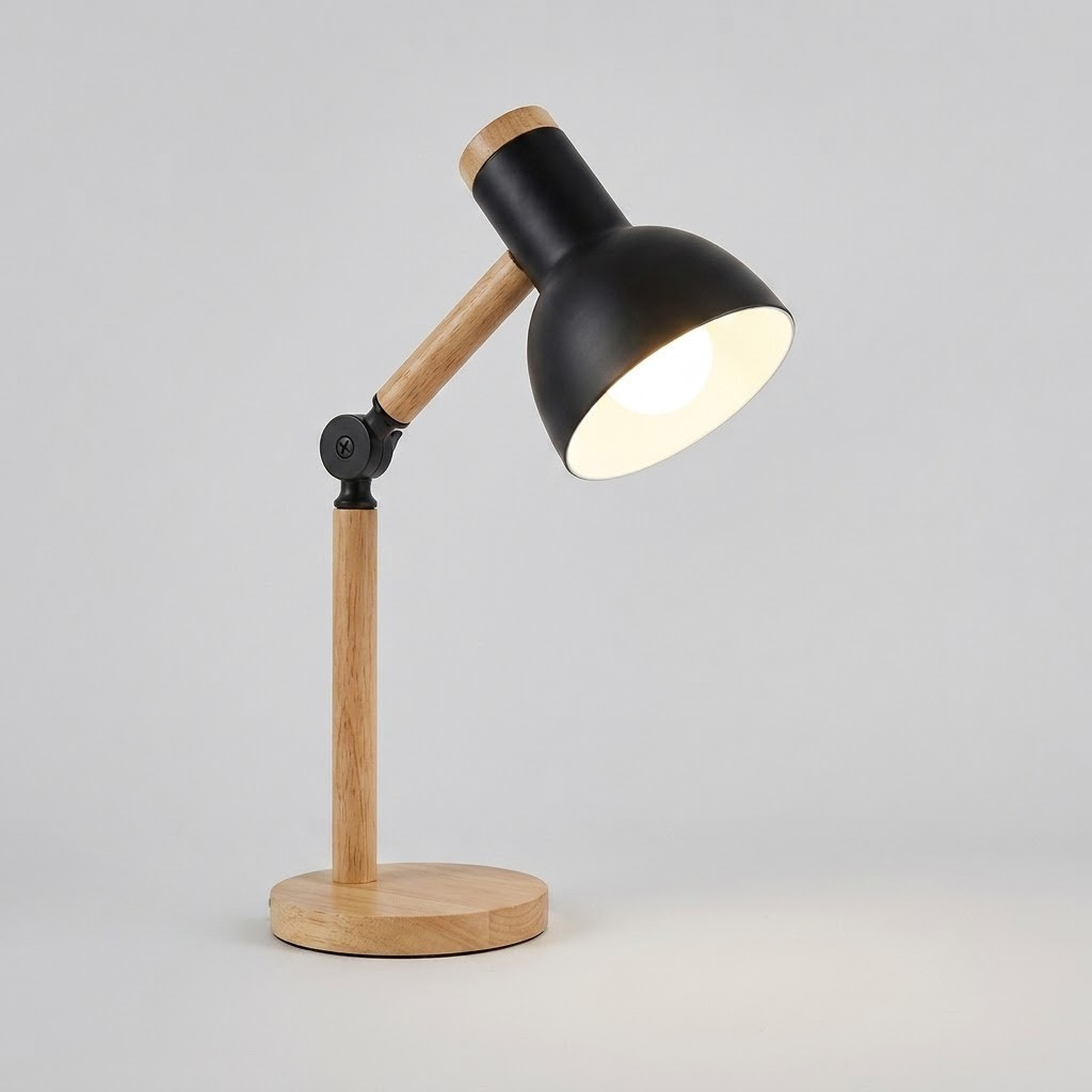 A modern adjustable desk lamp with a matte black metal shade and wooden arms on a round wooden base, shown lit against a light gray background.