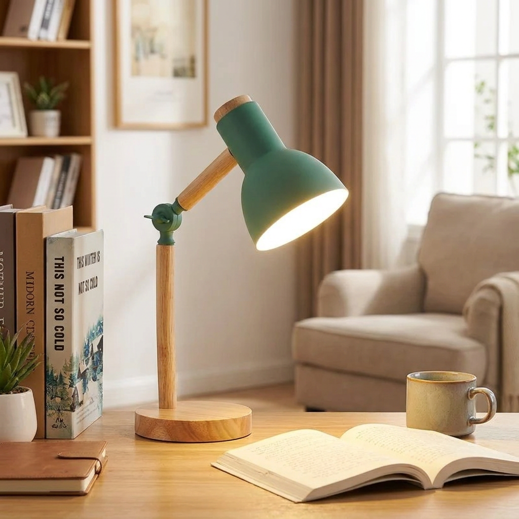 A modern adjustable desk lamp with a sage green shade and light wood base, illuminated on a wooden table in a cozy living room setting.