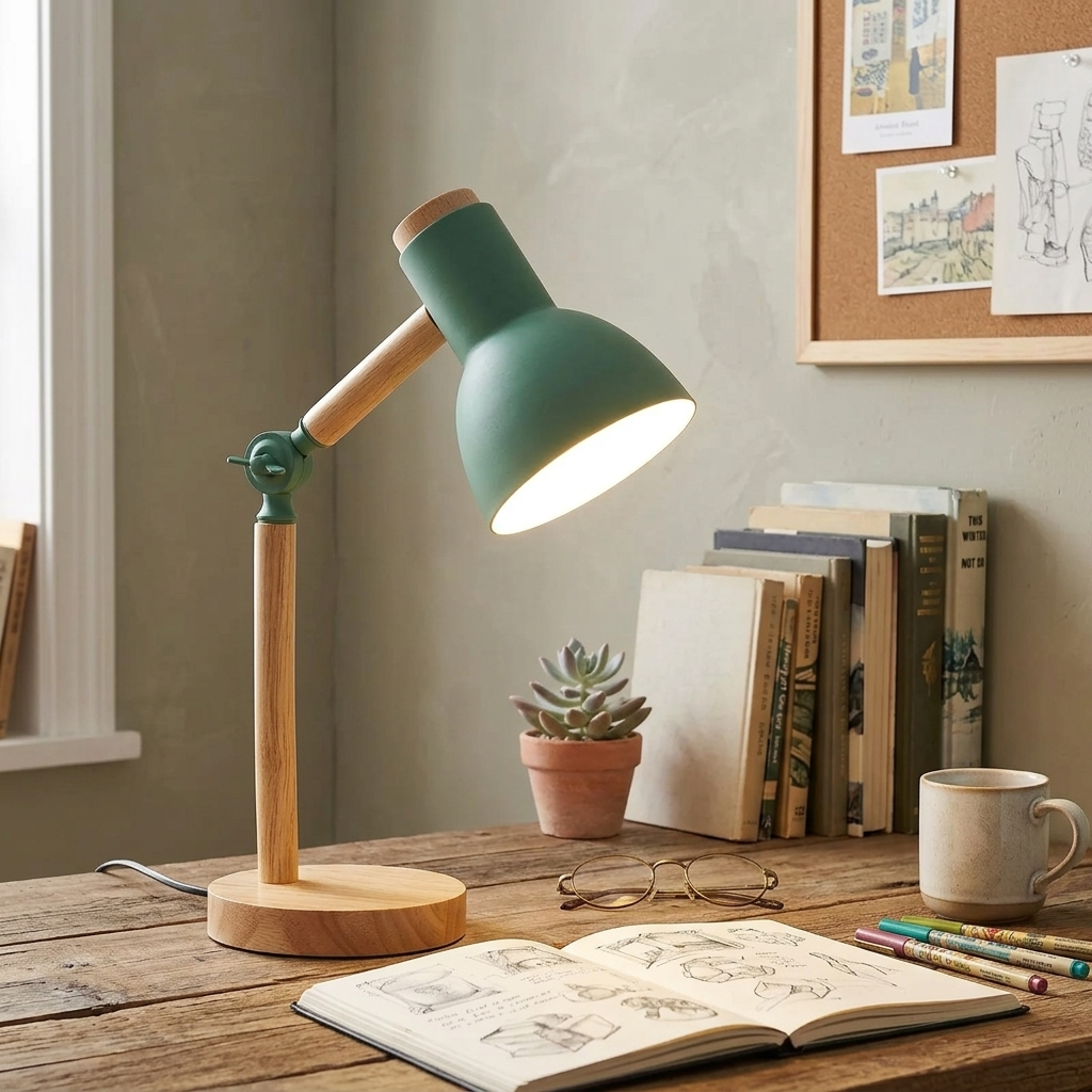 A modern adjustable desk lamp with a sage green shade and natural wood accents sits on a rustic wooden desk in a cozy room setting, surrounded by books, a small potted succulent, glasses, and an open sketchbook.