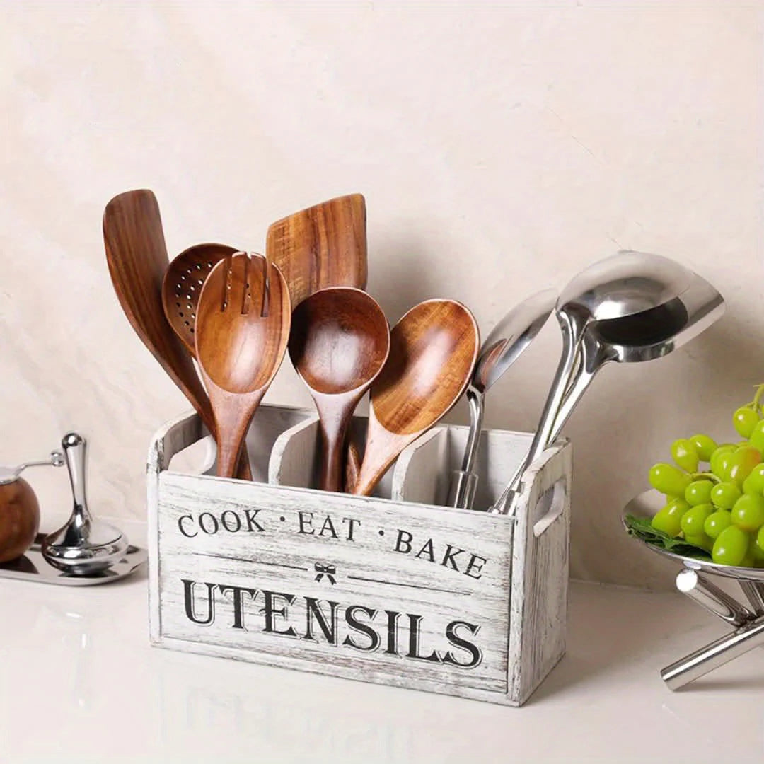 Wooden Kitchen Utensil Holder, Large Capacity 3-Compartment Organizer 0