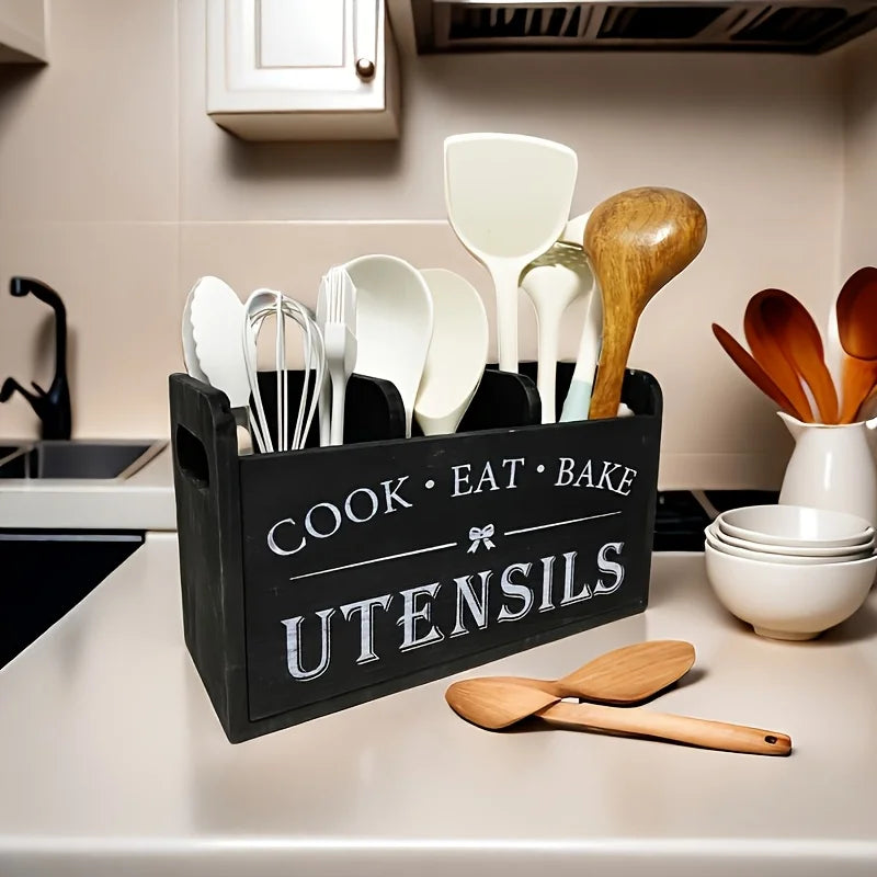 Wooden Kitchen Utensil Holder, Large Capacity 3-Compartment Organizer 1
