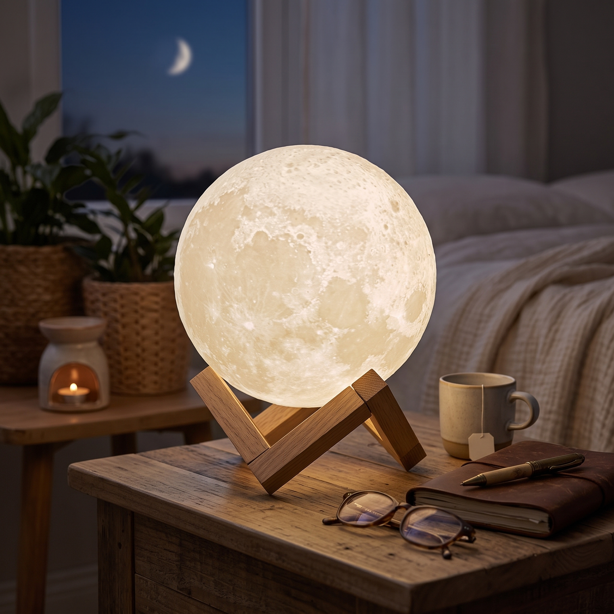 Lunetta 3D-Printed Touch-Control Moon Lamp Hardwood Stand lifestyle 1