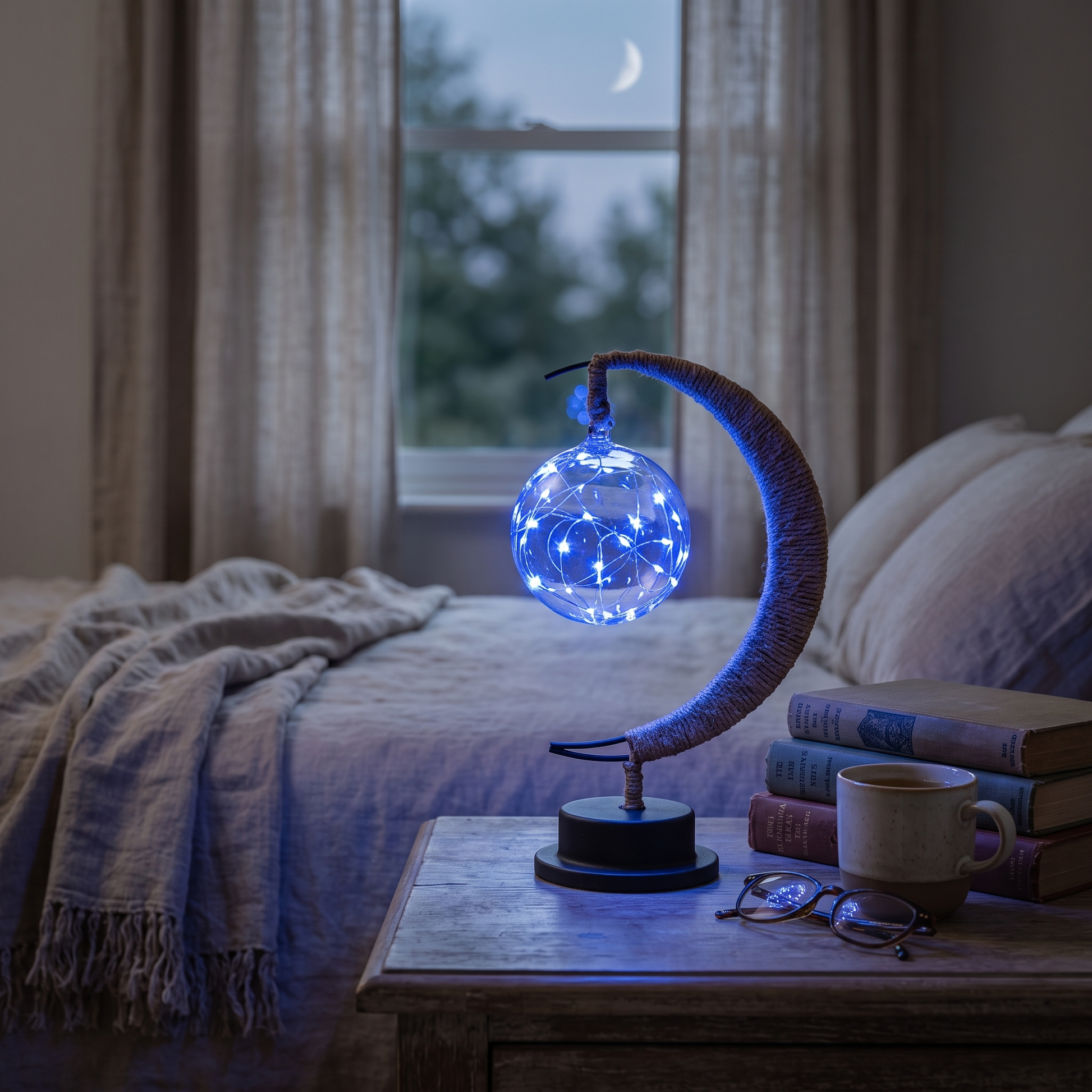 Mondo 3D-Printed Suspended Moon Lamp Hemp String Hanging lifestyle 2