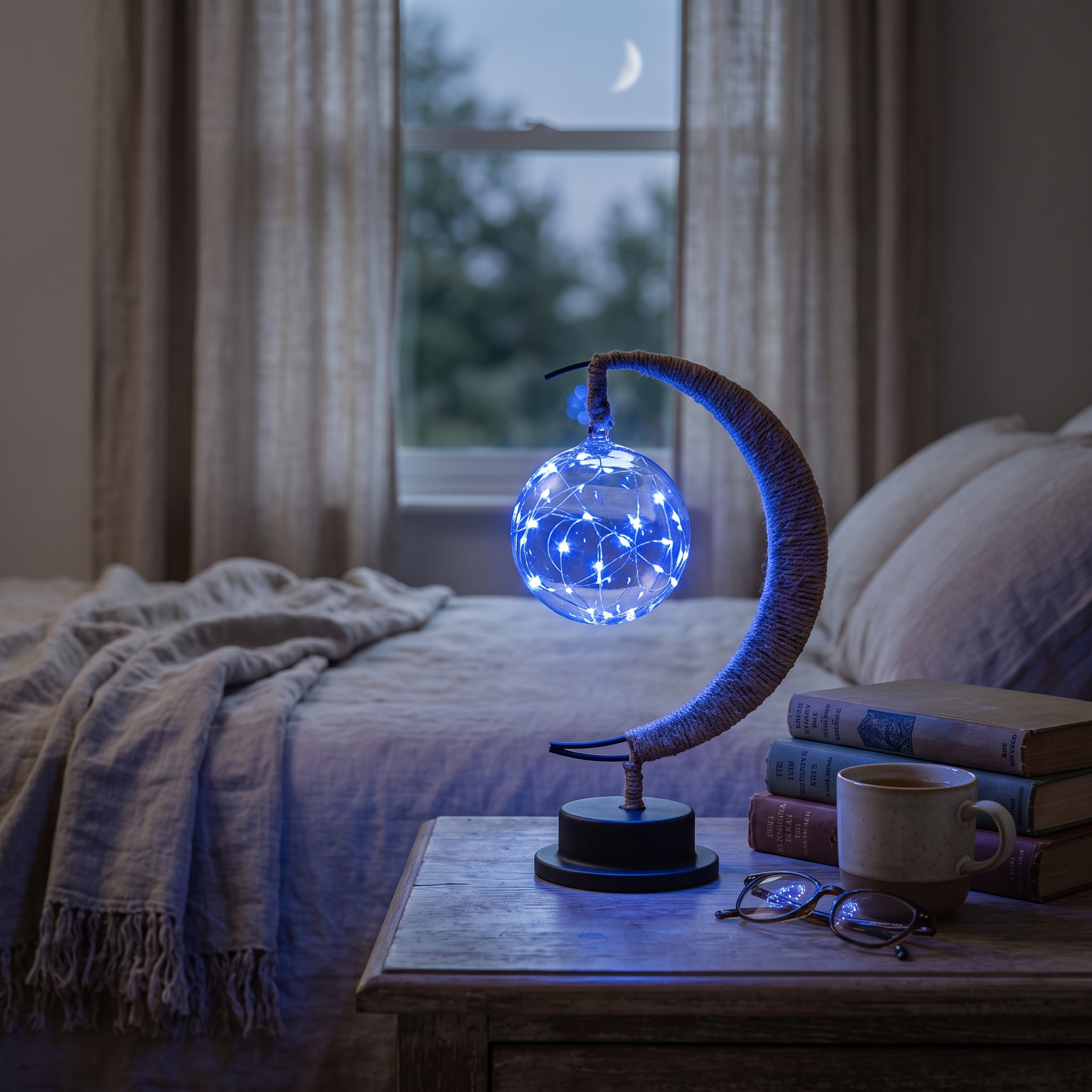 Mondo 3D-Printed Suspended Moon Lamp Hemp String Hanging lifestyle 2