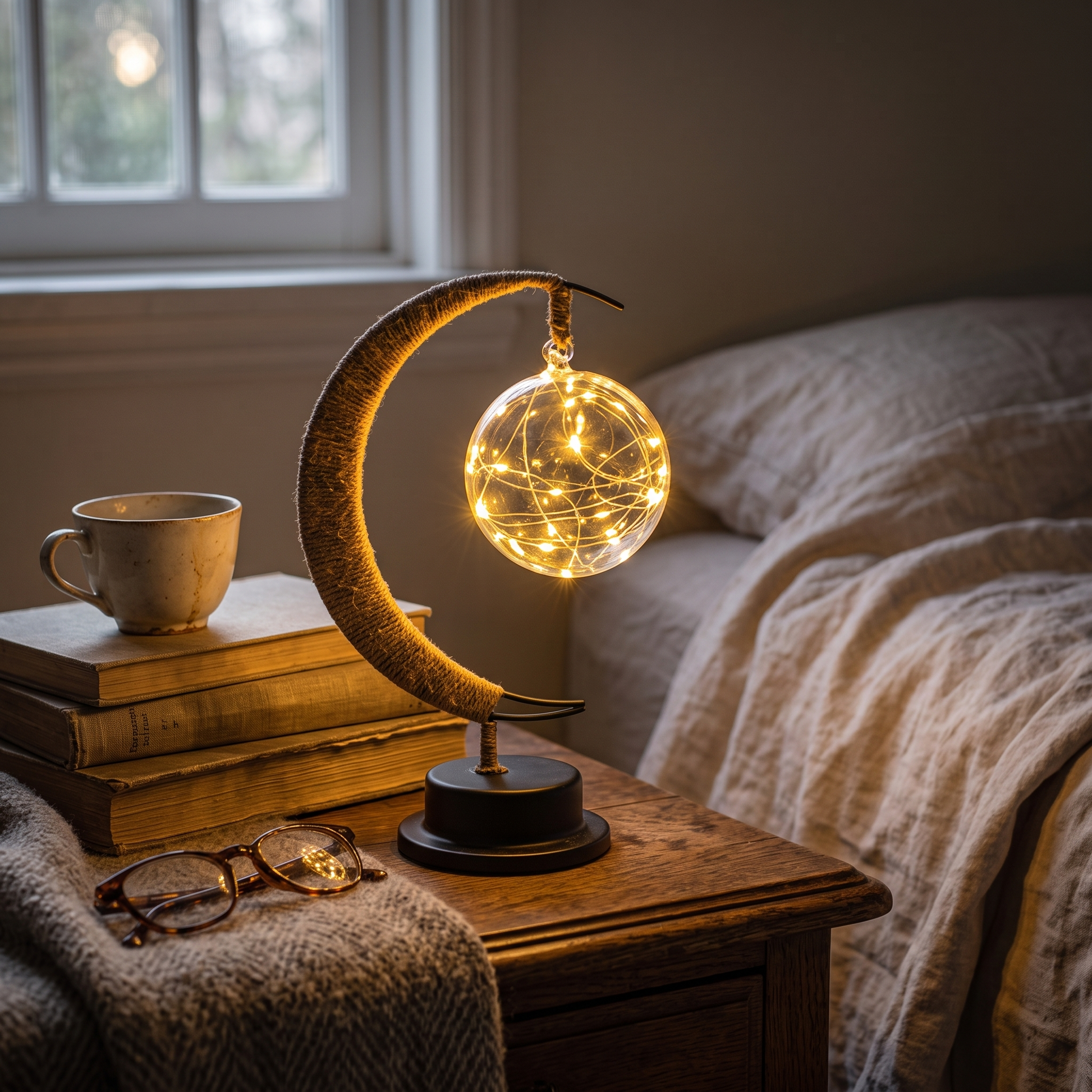 Mondo 3D-Printed Suspended Moon Lamp Hemp String Hanging lifestyle 1
