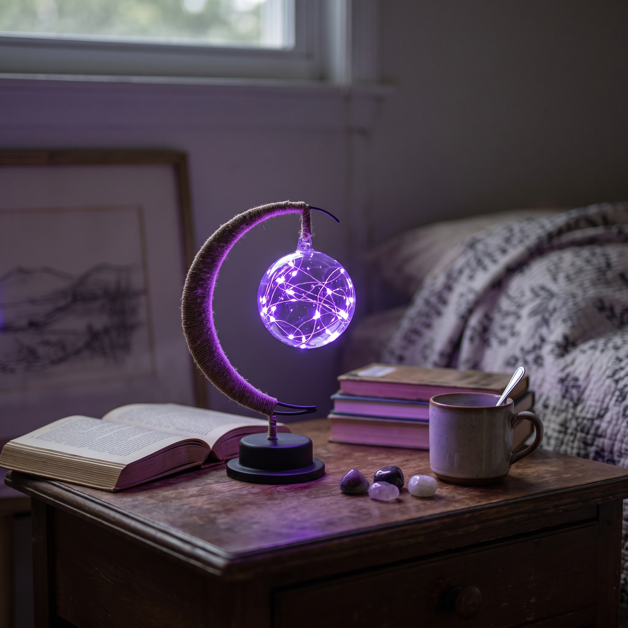 Mondo 3D-Printed Suspended Moon Lamp Hemp String Hanging lifestyle 3