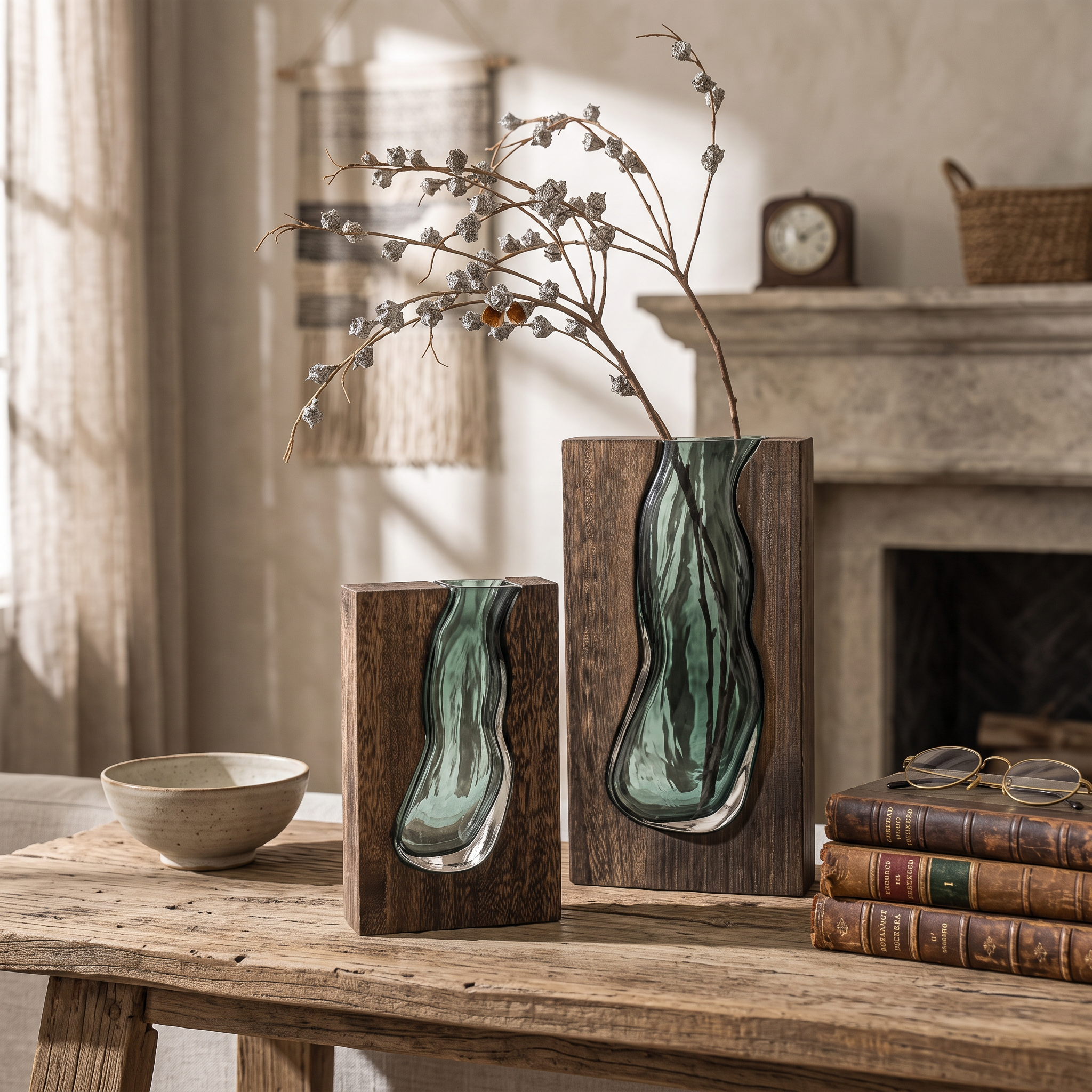 Silva Live-Edge Sculptural Flower Vase Glass & Wood lifestyle 1