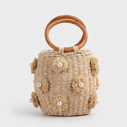 Rafia Handcrafted Beaded Raffia Basket Bag Floral Appliqués