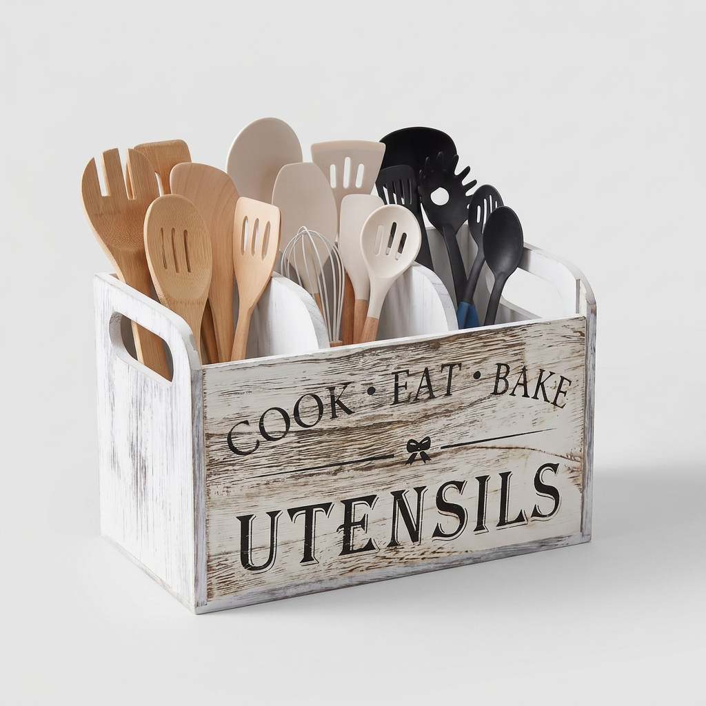 Terzo 3-Compartment Utensil Holder Wooden Organizer